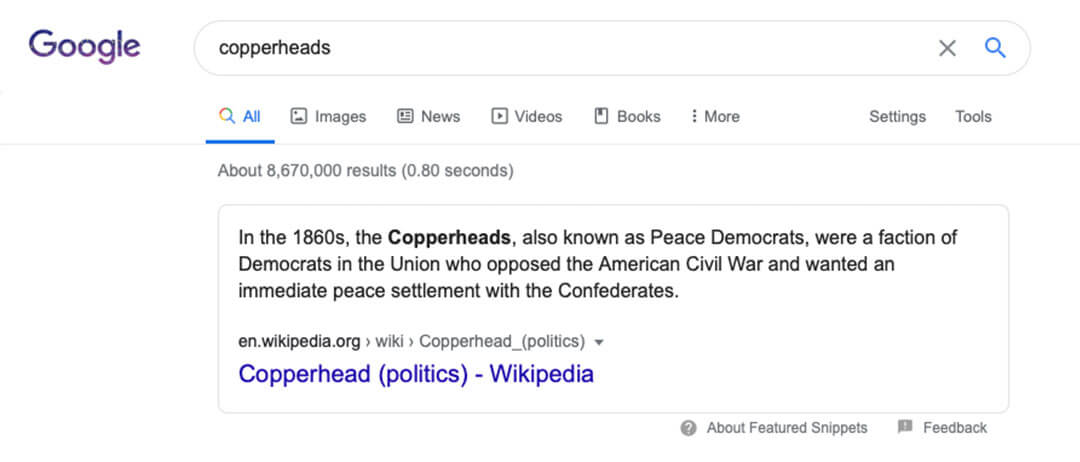 Copperheads Featured Snippets