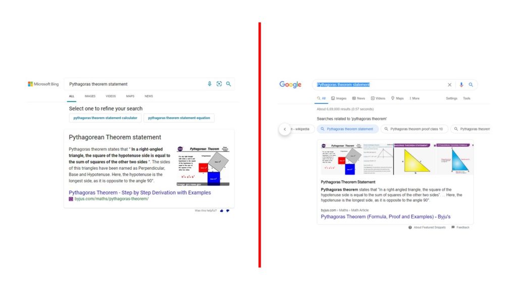Paragraph type snippet returned by Bing Q&A and Google featured snippet, respectively.