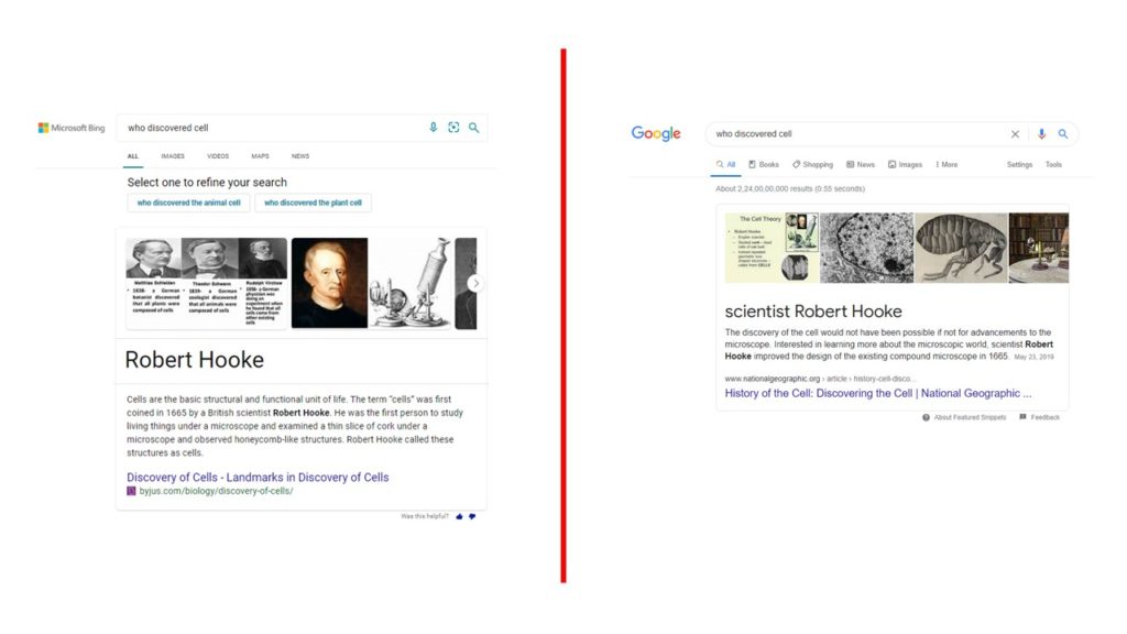 Quick Short Answers type snippet returned by Bing Q&A and Google featured snippet, respectively.