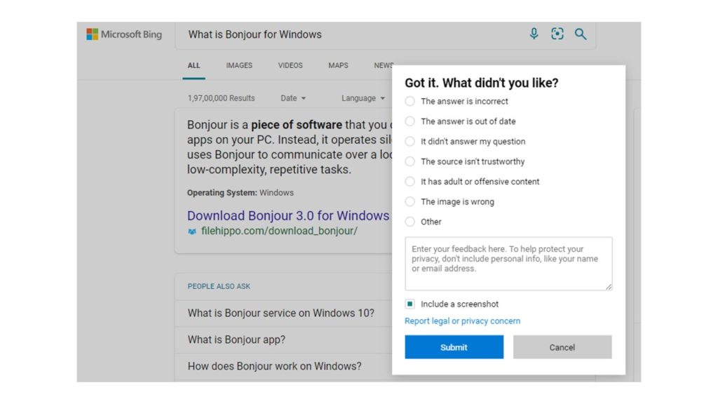 Bing Feedback Form to submit Q&A Dislike
