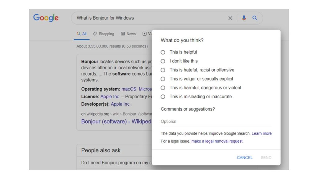 Google featured snippet feedback form